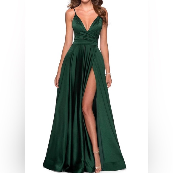 La Femme Dresses & Skirts - La Femme 28607 Emerald Green Plunge Slit Open Back Satin Ball Gown Size 4 NWT